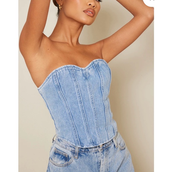Pretty Little Thing Acid Blue Wash Seam Detail Denim Corset Top - Picture 3 of 5